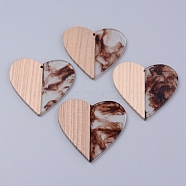 Resin & Wood Pendants, Two Tone, Heart, Brown, 46x48x2~3mm, Hole: 2mm(RESI-R428-12A)