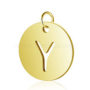 304 Stainless Steel Charms, Flat Round with Letter, Golden, Letter.Y, 12x1mm, Hole: 2.5mm(STAS-S105-T514G-Y)