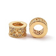 Brass Rhinestone European Beads, Large Hole Beads, Long-Lasting Plated, Column with Flower, Real 18K Gold Plated, 8.2x5.2mm, Hole: 4.5mm(KK-A179-02G)