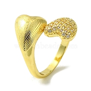 Brass Micro Pave Cubic Zirconia Open Cuff Rings, Heart, Real 16K Gold Plated, Inner Diameter: 17.8mm(RJEW-K256-34G)