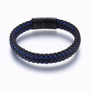 Leather Braided Cord Bracelets, with Nylon and 304 Stainless Steel Magnetic Clasp, Rectangle, Gunmetal, 8-5/8 inch(22cm), 12x6mm(BJEW-E345-07B)
