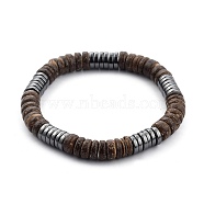 Stretch Beaded Bracelet, with Natural Coconut Shell Beads and Non-magnetic Synthetic Hematite Beads, Heishi Beads, Flat Round, Coconut Brown, Inner Diameter: 2-1/4 inch(5.8cm)(BJEW-JB05450)