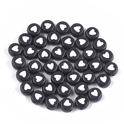 Opaque Acrylic Beads, Flat Round with Heart, Black, 7x3.5mm, Hole: 1.2mm, about 3700pcs/500g(MACR-S273-18)