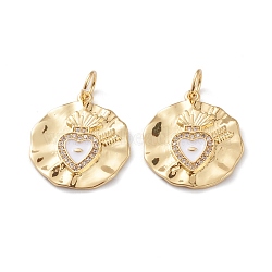 Brass Micro Pave Clear Cubic Zirconia Pendants, with White Enamel, Long-Lasting Plated, With Jump Rings, Flat Round with Heart, Real 18K Gold Plated, 22x19x2mm, Hole: 3mm, Jump Ring: 5x1mm(ZIRC-Z008-08G)