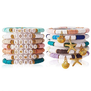 12Pcs 12 Style Handmade Polymer Clay Heisih Beaded Stretch Bracelets Set with Shell Starfish Charm, Inspiration Word Lucky Preppy Bracelets for Women, Mixed Color, Inner Diameter: 2-1/8 inch(5.5cm)