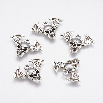 Alloy Pendants, Skull with Wing, Antique Silver, 17x23x3mm, Hole: 1.5mm