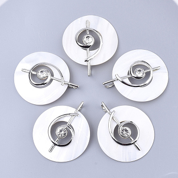 Freshwater Shell Big Pendants, with Alloy Findings and Rhinestone, Flat Round, Platinum, 59~60x49~50x9.5~10mm, Hole: 6.5x6.5mm