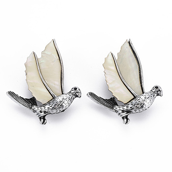 Natural White Shell Bird Brooch, Alloy Lapel Pin with Loop for Backpack Clothes Pendant Jewelry, Cadmium Free & Lead Free, Antique Silver, Floral White, 50x39.5x16mm, Hole: 4.5x6mm, Pin: 0.7mm