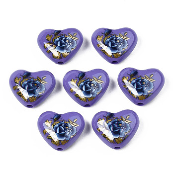 Flower Printed Opaque Acrylic Heart Beads, Slate Blue, 16x19x8mm, Hole: 2mm