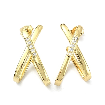 Letter X Clear Cubic Zirconia Stud Earrings, Brass Jewelry for Women, Real 18K Gold Plated, 25x14.5mm, Pin: 0.7mm