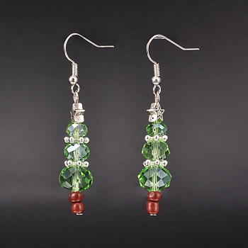 Christmas Glass Beads Dangle Earrings, with Tibetan Style Alloy Star Findings, Glass Seed Beads and Brass Earring Hooks, Light Green, 53mm, Pin: 0.6mm