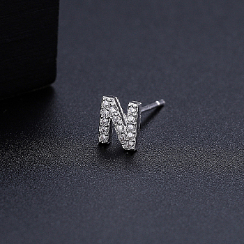 Platinum Brass Micro Pave Cubic Zirconia Stud Earrings, Initial Letter, Letter N, No Size