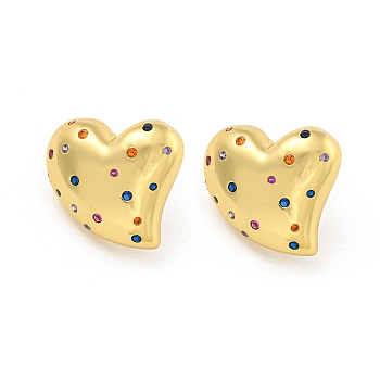 Rack Plating Brass Micro Pave Cubic Zirconia Stud Earring, Cadmium Free & Lead Free, Long-Lasting Plated, Heart, Colorful, Real 18K Gold Plated, 19x21mm