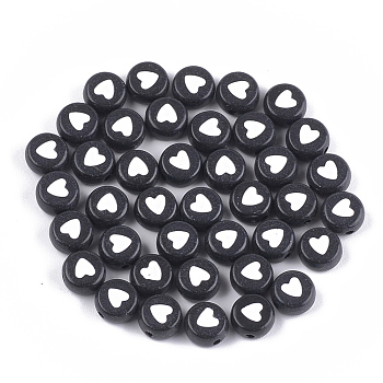 Opaque Acrylic Beads, Flat Round with Heart, Black, 7x3.5mm, Hole: 1.2mm, about 3700pcs/500g