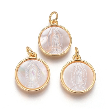 Brass Pendants, with Shell and Jump Ring, Flat Round with Virgin Mary, Golden, 16x14x3mm, Hole: 3mm