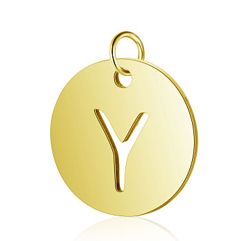 304 Stainless Steel Charms, Flat Round with Letter, Golden, Letter.Y, 12x1mm, Hole: 2.5mm