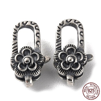 925 Thailand Sterling Silver Lobster Claw Clasps, Flower, with 925 Stamp, Antique Silver, 14.5x8.5x6mm, Hole: 1.4mm