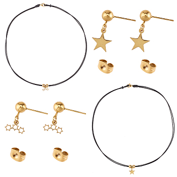 304 Stainless Steel Pendant Tiered Necklaces and Dangle Stud Earrings Sets, with Double Layer Waxed Cord, Lobster Claw Clasps and Ear Nuts, Star, Golden, 17.51 inch~17.71 inch(44.5~45cm), 22mm, Pin: 0.8mm, 2sets/box