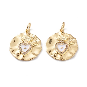 Brass Micro Pave Clear Cubic Zirconia Pendants, with White Enamel, Long-Lasting Plated, With Jump Rings, Flat Round with Heart, Real 18K Gold Plated, 22x19x2mm, Hole: 3mm, Jump Ring: 5x1mm