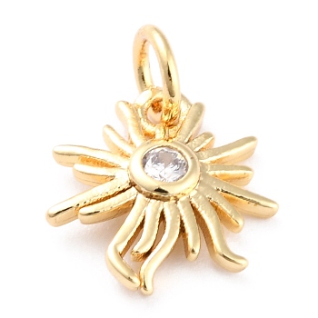 Brass Clear Cubic Zirconia Charms, Long-Lasting Plated, with Jump Ring, Sun, Real 18K Gold Plated, 11.5x11x2mm, Hole: 3mm