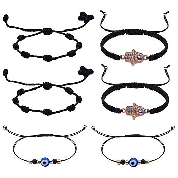 6Pcs 3 Style Adjustable Nylon Threads Braided Bracelets, Hamsa Hand /Hand of Miriam & Evil Eye, Black, 2pcs/style
