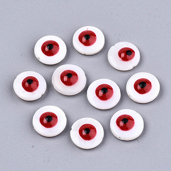 Natural Freshwater Shell Beads, with Enamel, Flat Round with Evil Eye, Red, 10.5x4~5mm, Hole: 0.8mm