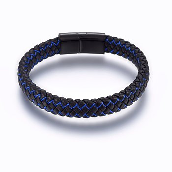Leather Braided Cord Bracelets, with Nylon and 304 Stainless Steel Magnetic Clasp, Rectangle, Gunmetal, 8-5/8 inch(22cm), 12x6mm