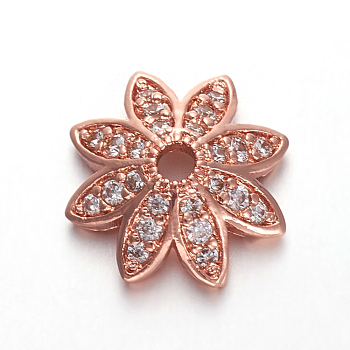 Brass Micro Pave Cubic Zirconia Bead Cap, 8-Petal, Flower, Clear, Rose Gold, 12x12x4mm, Hole: 1.8mm