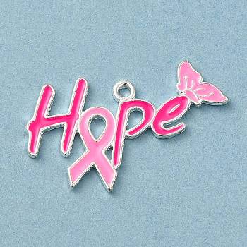 Breast Cancer Pink Awareness Ribbon Theme Alloy Enamel Pendants, Silver, Word, 19x32.5x1.5mm, Hole: 1.5mm
