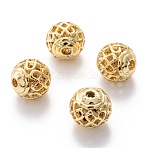 Alloy Hollow Beads, Round, Cadmium Free & Lead Free, Real 18K Gold Plated, 8x7~8mm, Hole: 1.5~2mm(PALLOY-P238-07G-RS)
