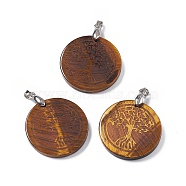Natural Tiger Eye Pendants, Flat Round Charms with Tree of Life Pattern, with Rack Plating Platinum Tone Brass Findings, Cadmium Free & Lead Free, 30x4~8mm, Hole: 4x4mm(G-P491-05P-06)