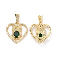 Brass Micro Pave Clear Cubic Zirconia Pendants, Heart with Owl Charms, Golden, Green, 32.5x30x6mm, Hole: 3.5x8mm(ZIRC-F134-18G-02)