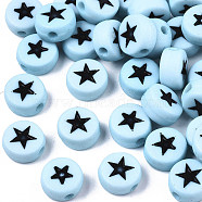 Opaque Acrylic Beads, with Enamel, Flat Round with Star, Sky Blue, 7x4mm, Hole: 1.5mm(X-MACR-N008-32H)