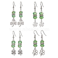 Alloy Clover Dangle Earrings, Green Glass Beaded Saint Patrick's Day Earrings, Platinum, 49~56x10~14mm(EJEW-JE05539)