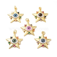 Brass Micro Pave Colorful Cubic Zirconia Pendants, with Resin, Real 18K Gold Plated, Star with Evil Eye, Mixed Color, 32x29.5x7mm, Jump Ring: 6x1mm, Inner Diameter: 4mm(ZIRC-E006-05G-M)