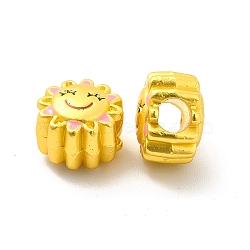 Rack Plating Alloy Enamel European Beads, Large Hole Beads, Sun with Smiling Face, Matte Gold Color, 10x8mm, Hole: 4mm(FIND-I034-29MG)
