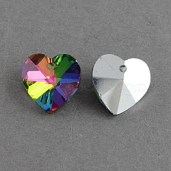 Heart Electroplated Glass Pendants, Silver Plated Bottom, Faceted, Colorful, 14x14x8mm, Hole: 1.5mm(EGLA-R082-04)