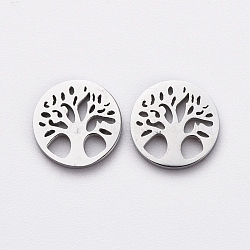 304 Stainless Steel Filigree Joiners, Manual Polishing, Flat Round and Tree, Stainless Steel Color, 7.5x1mm(STAS-G215-19P)