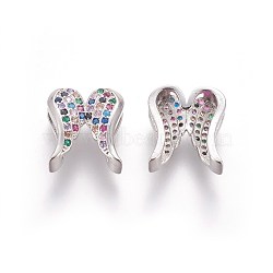 Brass Micro Pave Cubic Zirconia Slide Charms, Wing, Colorful, Platinum, 13.5x12x5.5mm, Hole: 2x10.5mm(ZIRC-E161-35P)