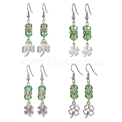 Alloy Clover Dangle Earrings, Green Glass Beaded Saint Patrick's Day Earrings, Platinum, 49~56x10~14mm(EJEW-JE05539)