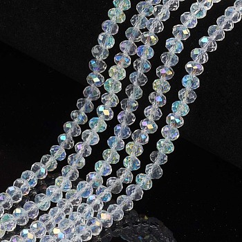 Electroplate Glass Beads Strands, Half Rainbow Plated, Faceted, Rondelle, Clear, 10x8mm, Hole: 1mm, about 63~65pcs/strand, 19.2~20 inch(48~50cm)