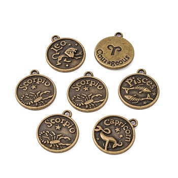 Tibetan Style Pendants, Flat Round with Mixed Constellation/Zodiac Sign, Cadmium Free & Nickel Free & Lead Free, Antique Bronze, 20x17x2mm, Hole: 2mm
