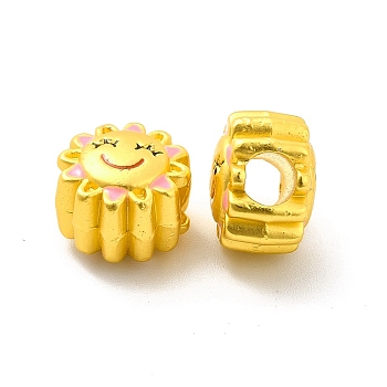 Rack Plating Alloy Enamel European Beads, Large Hole Beads, Sun with Smiling Face, Matte Gold Color, 10x8mm, Hole: 4mm