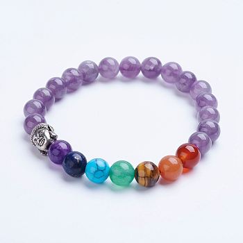 Chakra Jewelry, Natural Amethyst Beaded Stretch Bracelets, with Alloy Spacer Beads, Antique Silver, 1-3/4 inch(45mm)