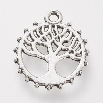 Tibetan Style Alloy Pendants, Flat Round with Tree, Lead Free & Cadmium Free, Antique Silver, 17.5x15.5x1mm, Hole: 1.5mm, about 680pcs/500g