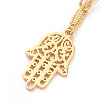 304 Stainless Steel Hamsa Hand Pendant Necklace for Women, Golden, 18.90 inch(48cm)