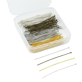 160Pcs 4 Colors Brass Flat Head Pins, Jewelry Findings, Mixed Color, 50x0.7~0.8mm, 20~21 Gauge, Head: 2mm, about 40pcs/color