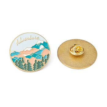 Creative Zinc Alloy Brooches, Enamel Lapel Pin, with Iron Butterfly Clutches or Rubber Clutches, Flat Round with Word Adventure, Light Sky Blue, 31mm, Pin: 1mm