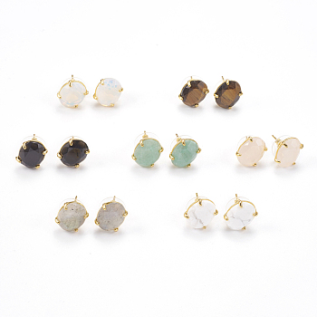 Natural & Synthetic Gemstone Stud Earrings, with Golden Tone Brass Findings, Faceted Oval, 14~14.5x11mm, Pin: 0.8mm