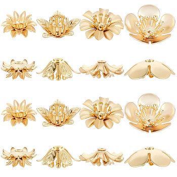 24Pcs 4 Style Brass Bead Caps, Flower, Real 18K Gold Plated, 11~16.5x11~16.5x5~6mm, Hole: 0.5~1mm, 6pcs/style